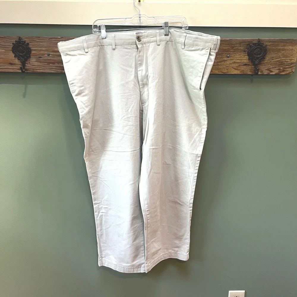 Lands End 48T Traditional Fit Chino Pants Stone Khaki 100% Cotton Flat Front